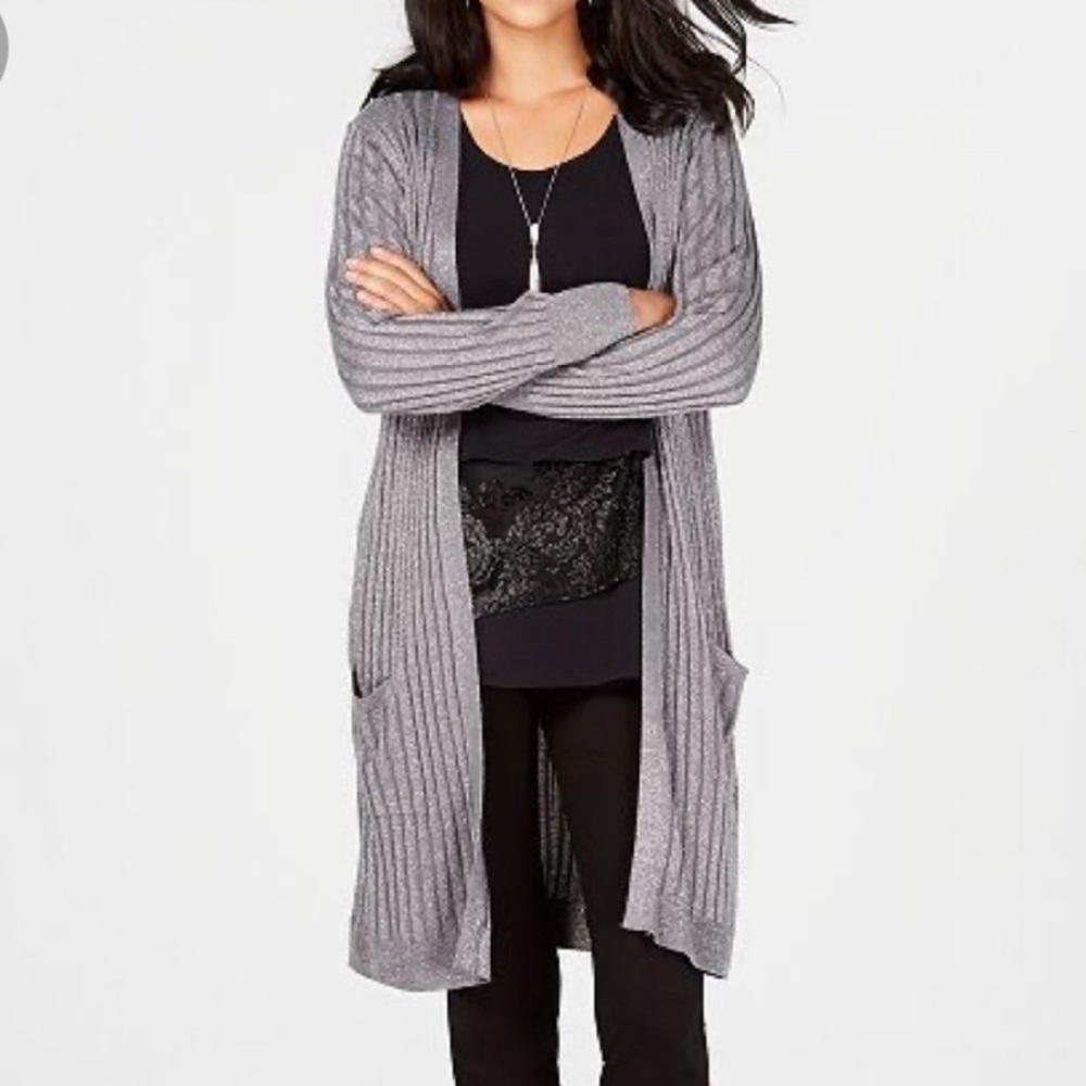 Simply Comfortable Metallic Silver Ribbed Knit Duster Cardigan Size S